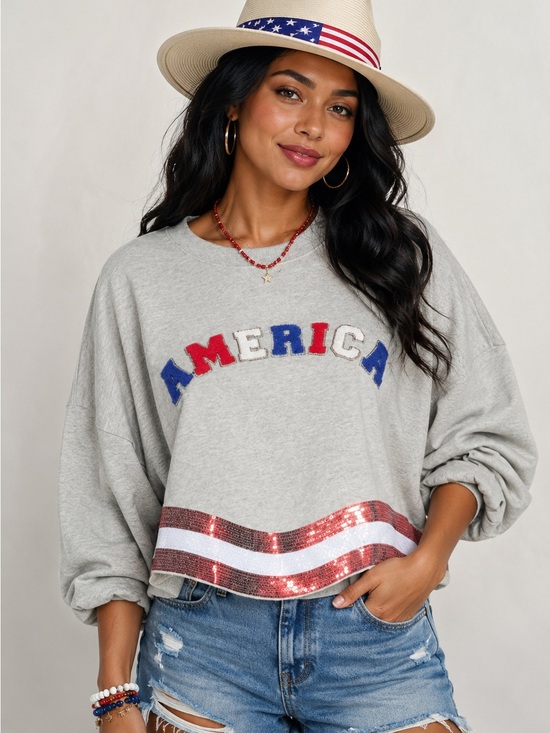 Mandalay and Company Tops - THE AMERICANA CREW LONG SLEEVE SEQUIN CROP PULLOVER SWEATER Multiple Size